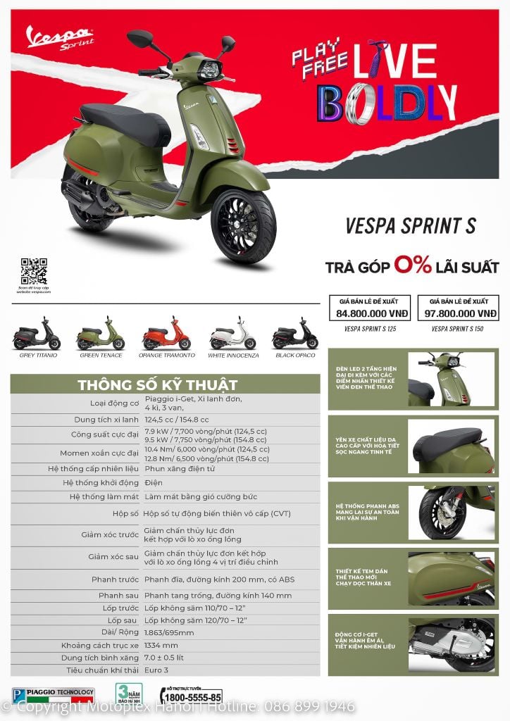 Bảng Thông số kỹ thuật xe Vespa Sprint S 125 TFT - 2023 mới nhất