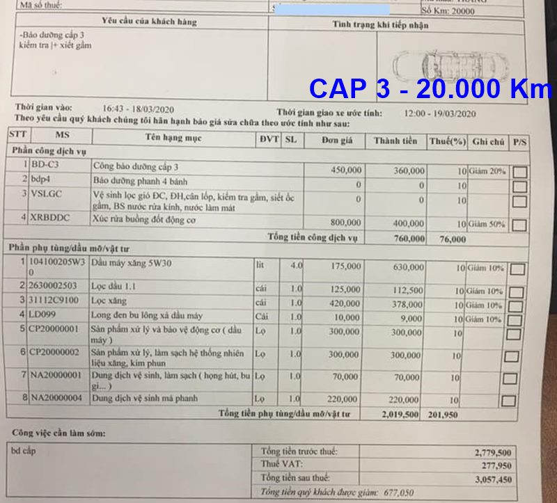 Phiếu thanh toán bảo dưỡng định kỳ xe Hyundai Accent tham khảo