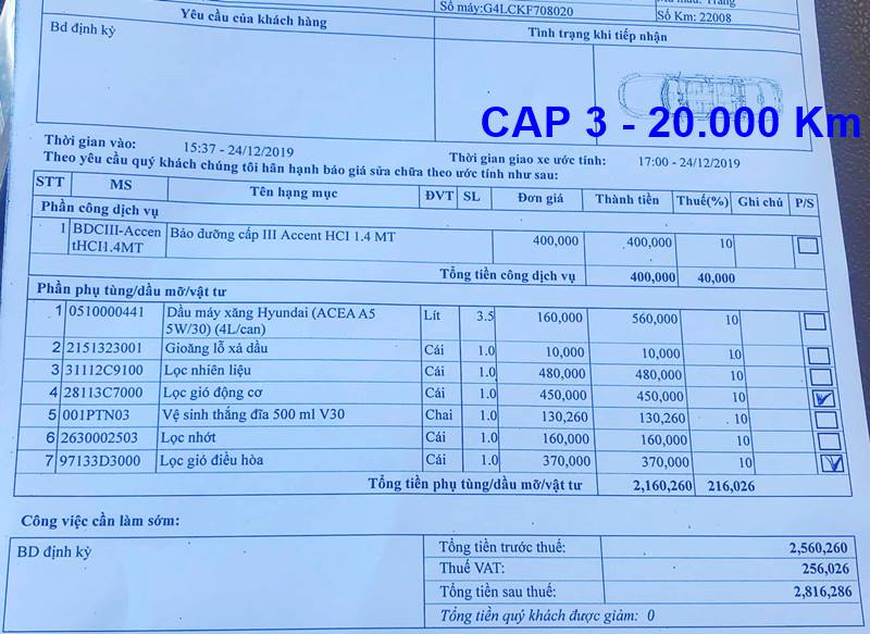 Phiếu thanh toán bảo dưỡng định kỳ xe Hyundai Accent tham khảo