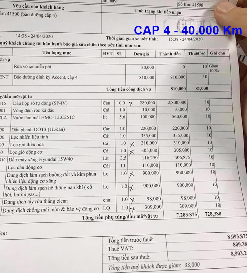 Phiếu thanh toán bảo dưỡng định kỳ xe Hyundai Accent tham khảo