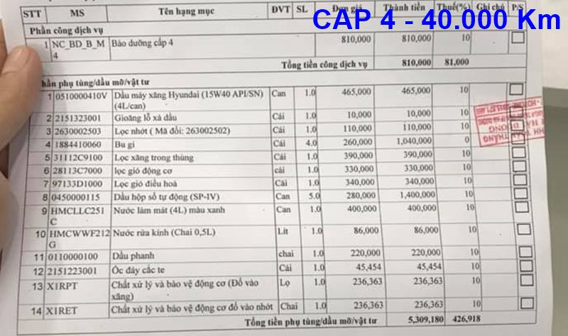 Phiếu thanh toán bảo dưỡng định kỳ xe Hyundai Accent tham khảo
