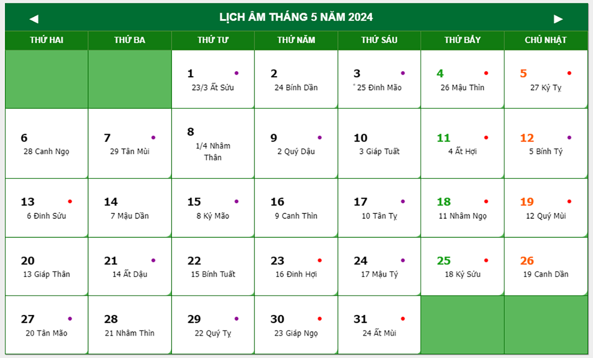 Lịch âm tháng 5 năm 2024